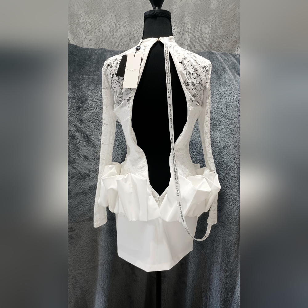 NWT Club London Antheia White Lace Long-Sleeve Peplum Mini Dress US Size 2 - Picture 5 of 11